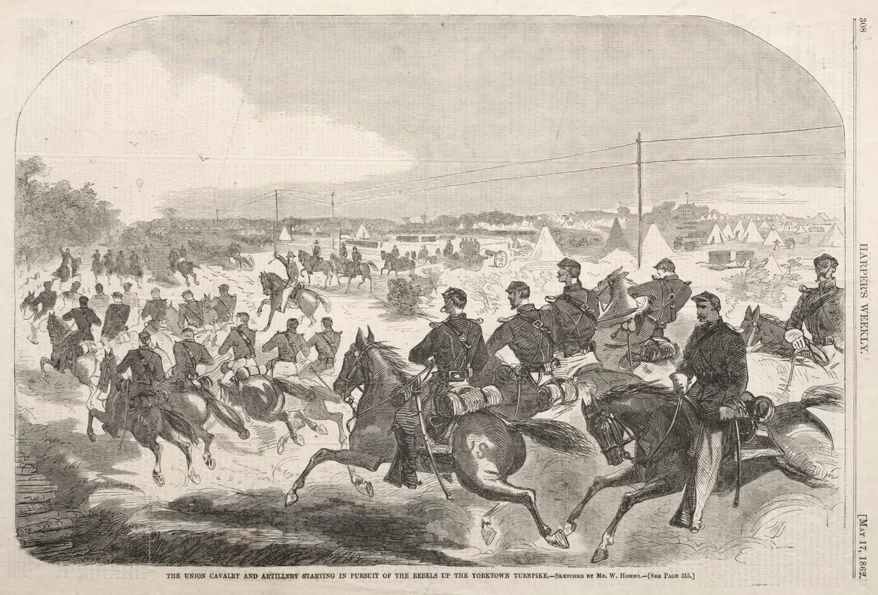 Unionin ratsuväki ja tykistö lähdössä kapinallisten perään Yorktownin kiertotietä pitkin. tekijältä Winslow Homer