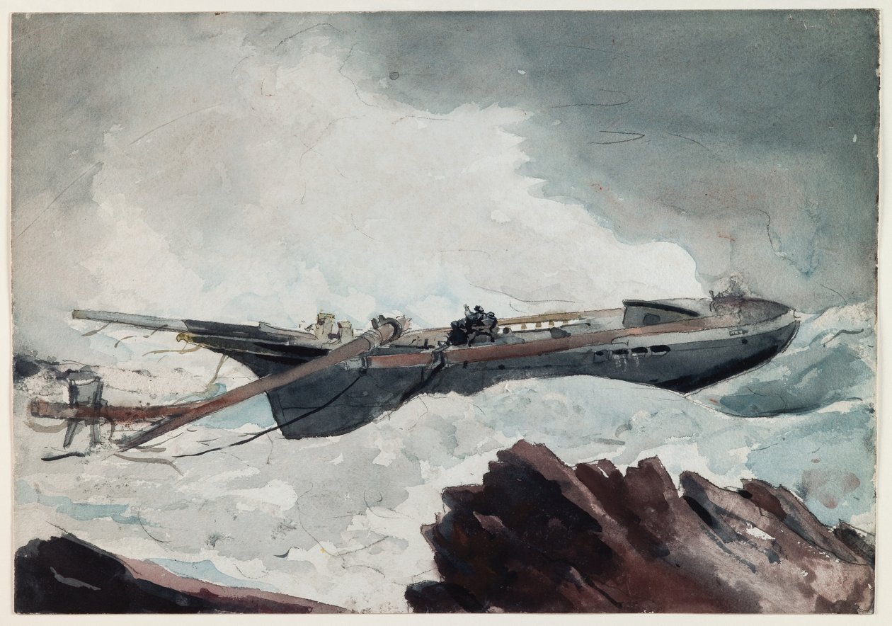 Haaksirikkoutunut kuunari, n.1900-10 (vesiväri ja hiili paperille) tekijältä Winslow Homer