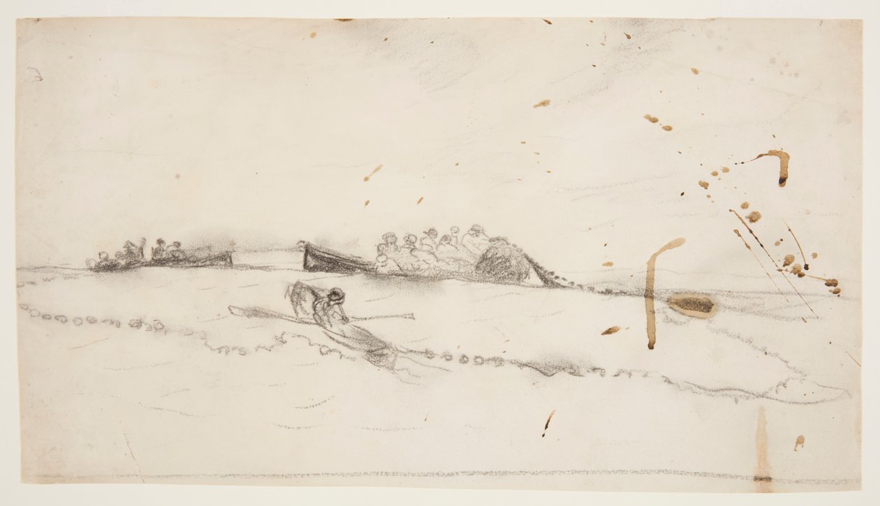 Kolme venettä, joissa kalastajat rakentavat verkkoa tekijältä Winslow Homer