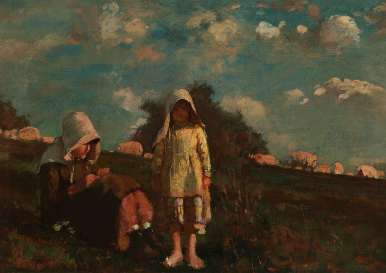Kaksi tyttöä aurinkovarjoilla pellolla tekijältä Winslow Homer