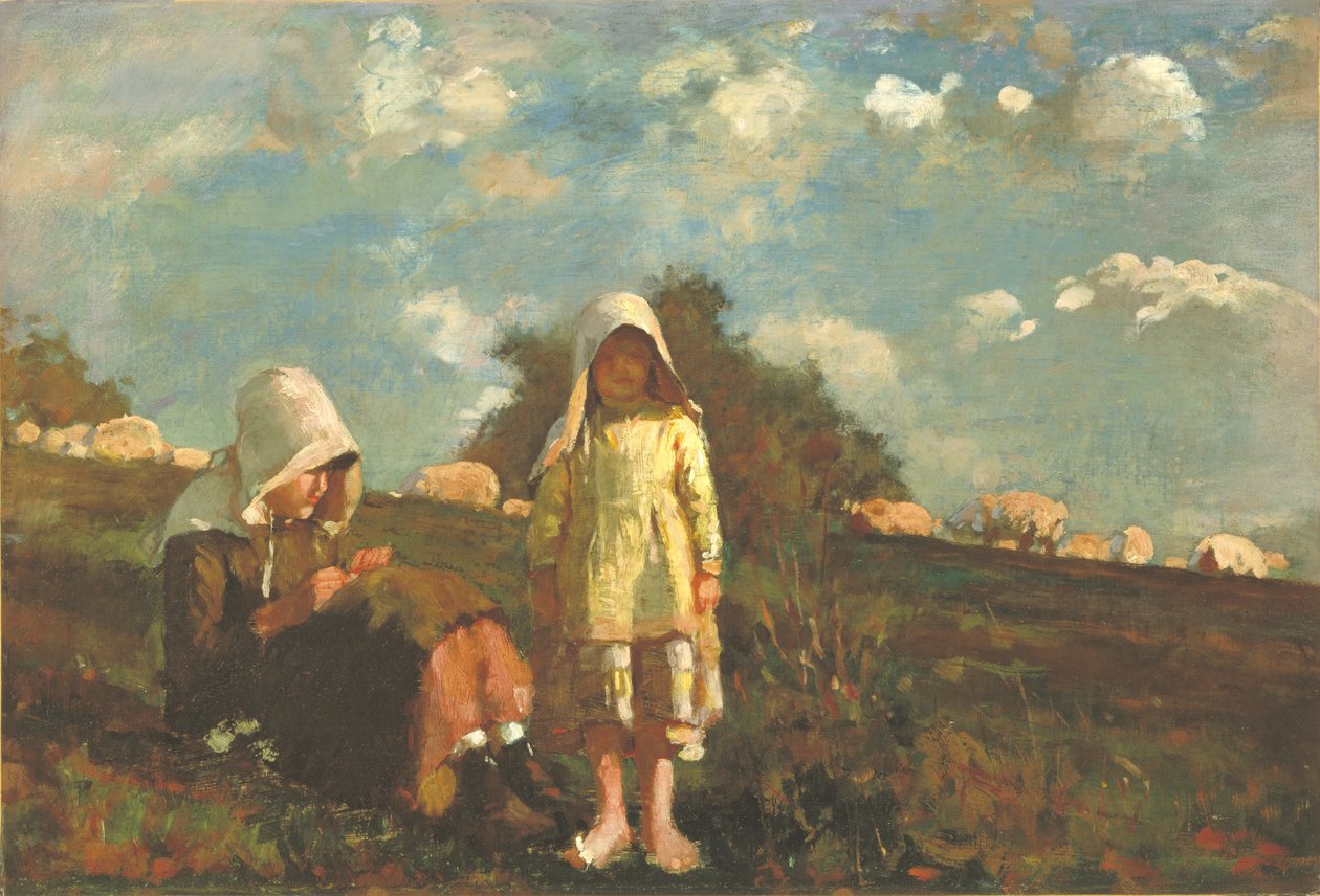 Kaksi tyttöä auringonhattujen kanssa pellolla tekijältä Winslow Homer