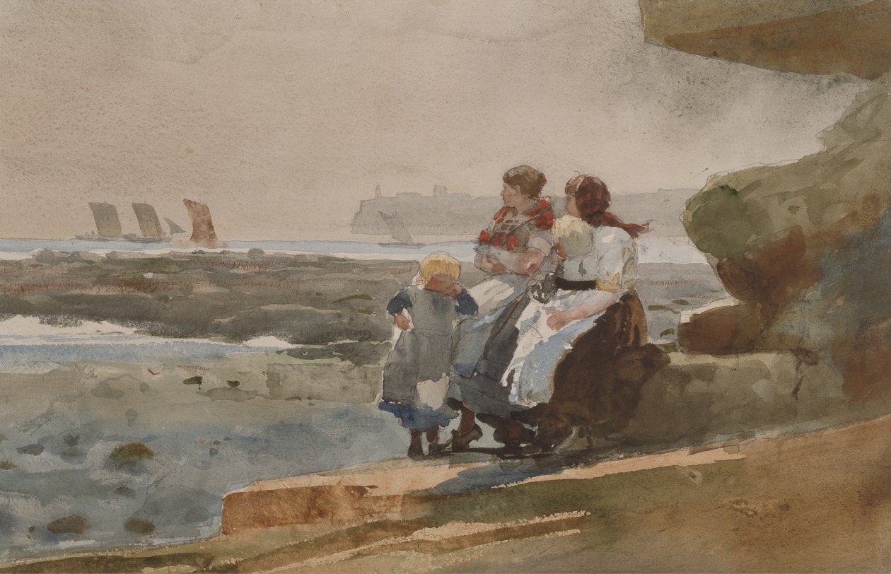 Under the Cliff, Cullercoats, n. 1881 (akvarelli ja grafiitti kudospaperille) tekijältä Winslow Homer