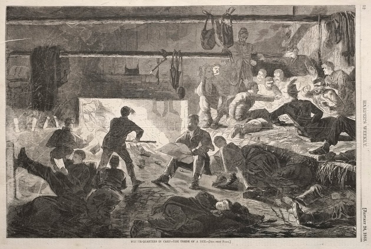 Winter Quarters in Camp - The Inside of a Hut, 1863. tekijältä Winslow Homer