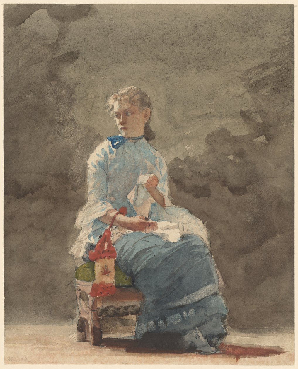 Naisen ompelu, 1878-9 (akvarelli grafiitin päällä luonnonvalkoisella kudotulla akvarellipaperilla) tekijältä Winslow Homer