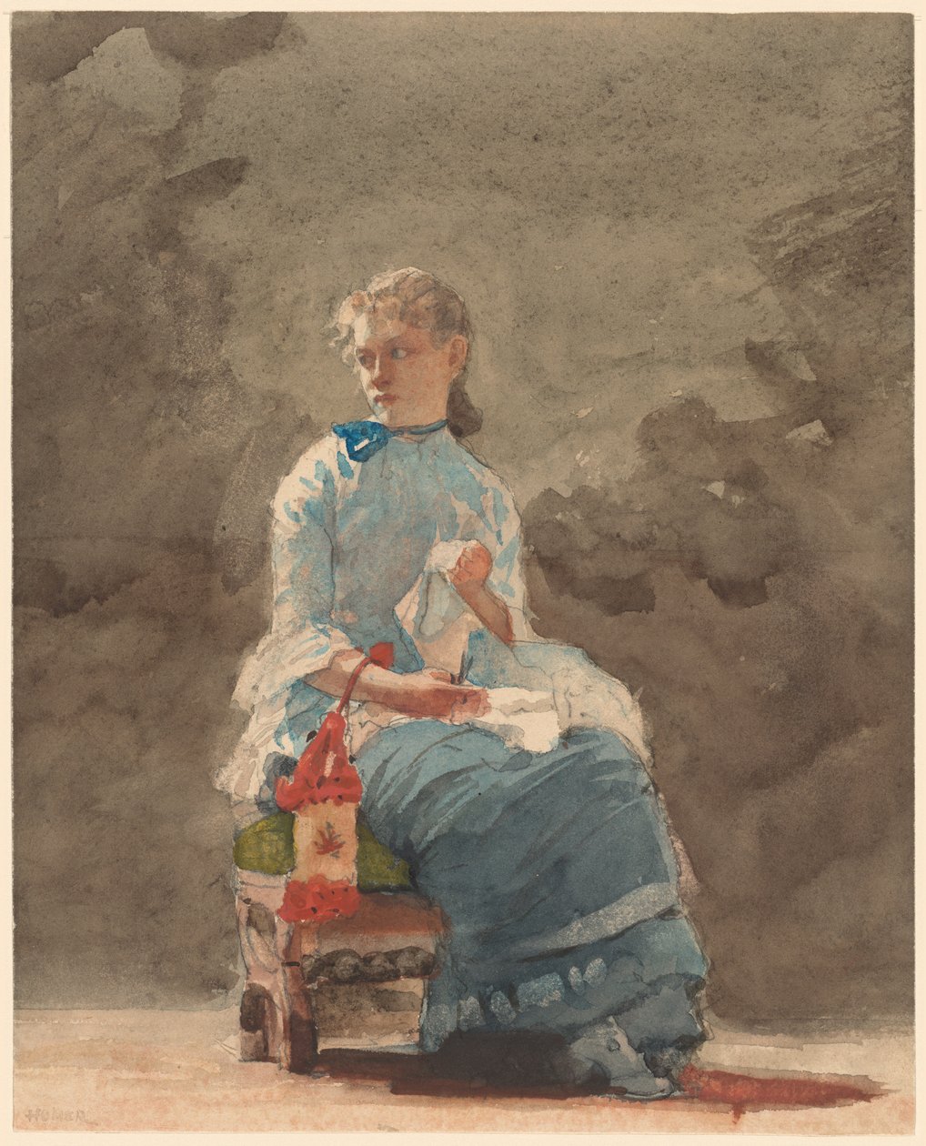 Nuori nainen ompelemassa tekijältä Winslow Homer