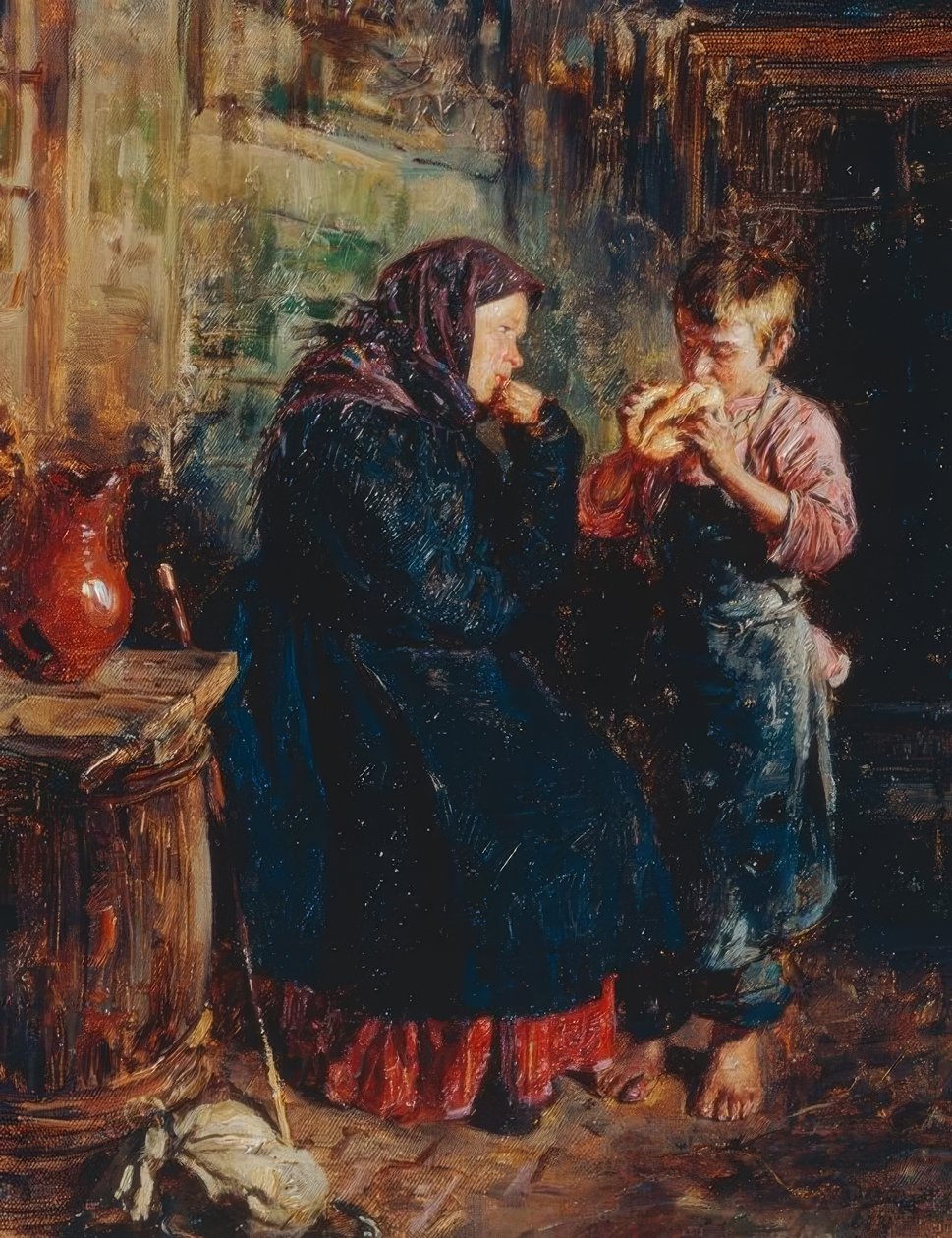 Alte Frau und Knabe mit Brot tekijältä Wladimir Jegorowitsch Makowski