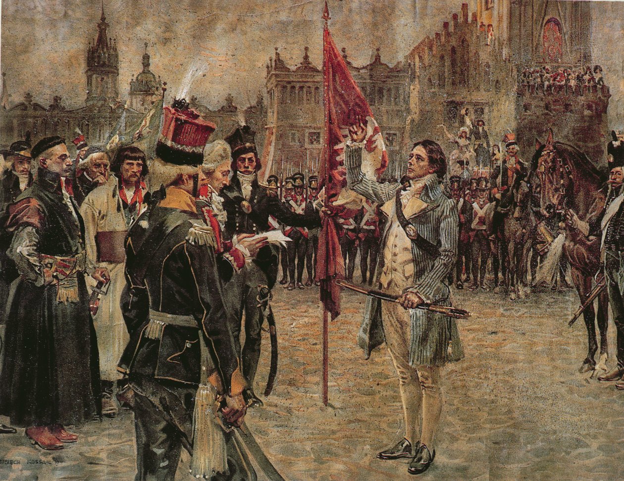 Tadeusz Kosciuszko saapuu Krakovaan 24. maaliskuuta 1794 kokoamaan puolalaiset taistelemaan Venäjän hyökkäystä vastaan vuonna 1911. tekijältä Wojciech Kossak