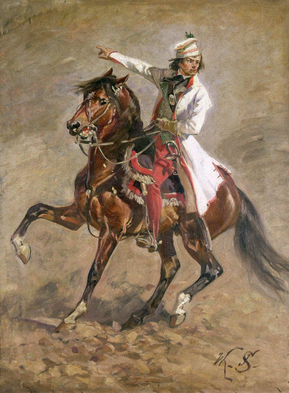 Kenraali Tadeusz Kosciuszko (1746-1817) hevosen selässä, sketsi "Raclawicen panoraama", 1893 (katso 127666) tekijältä Wojciech Kossak