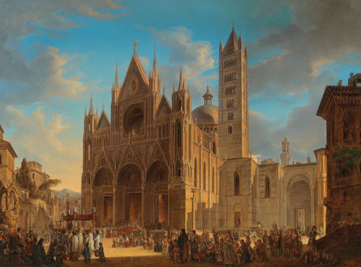 Prozession vor dem Dom von Siena, signiert und datiert rechts unten tekijältä Woldemar Hermann