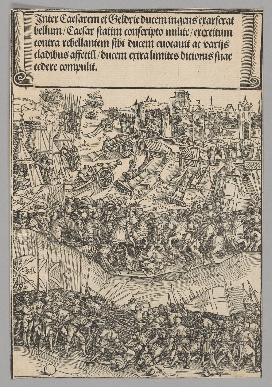Gueldersin sota, levy 5 teoksesta Historiallisia kohtauksia keisari Maximilian I:n elämästä riemukaarelta (Historical Scenes from the Life of Emperor Maximilian I from the Triumphal Arch). tekijältä Wolf Traut
