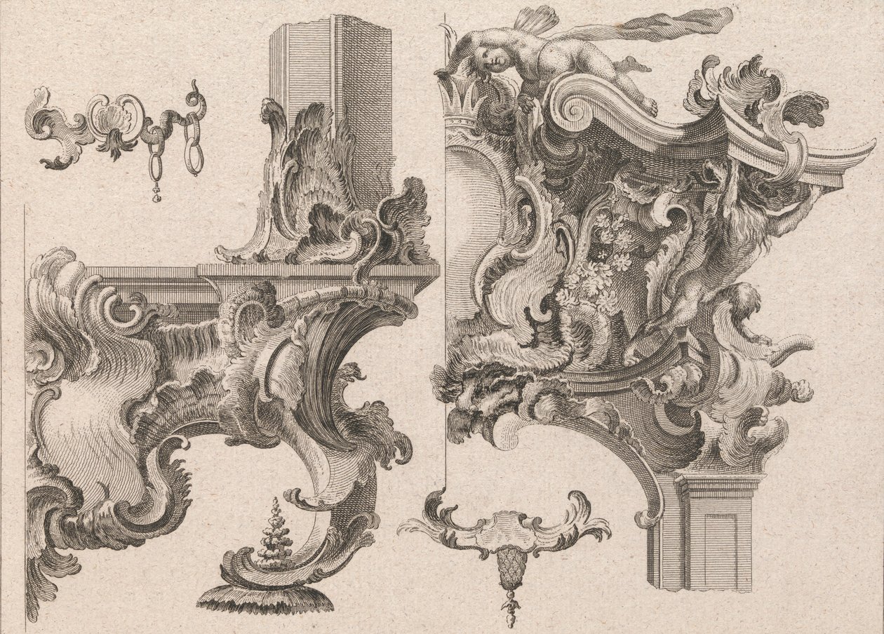 Ehdotus alttarikehyksen oikean ala- ja yläoikean koristeluun..., painettu n. 1750-56. tekijältä Wolffgang Christoph Mayr