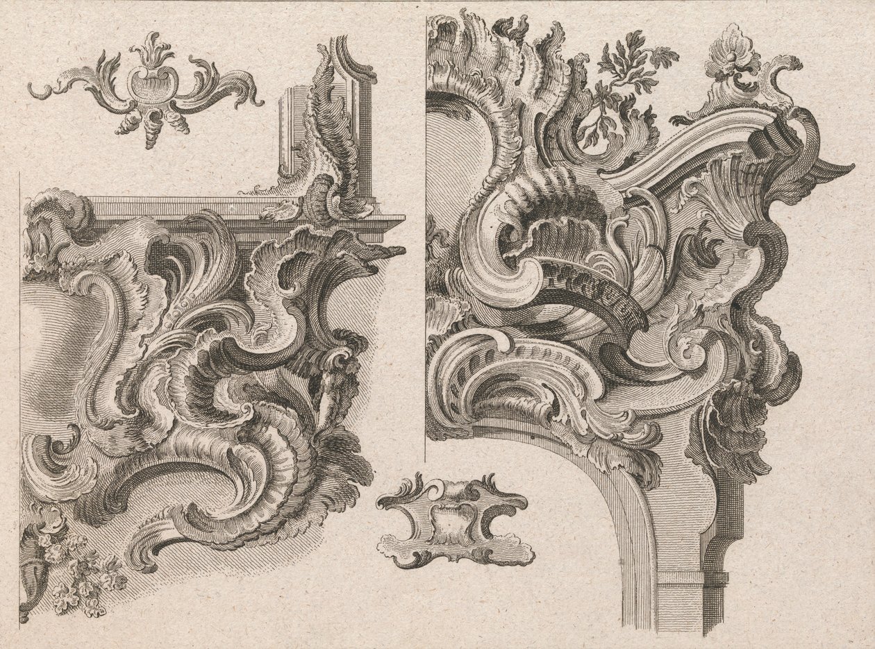 Ehdotus alttarikehyksen oikean ala- ja yläoikean koristeluun..., painettu n. 1750-56. tekijältä Wolffgang Christoph Mayr
