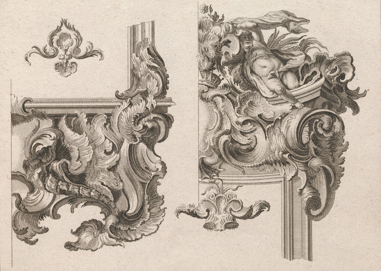 Ehdotus alttarikehyksen oikean ala- ja yläoikean koristeluun..., painettu n. 1750-56. tekijältä Wolffgang Christoph Mayr