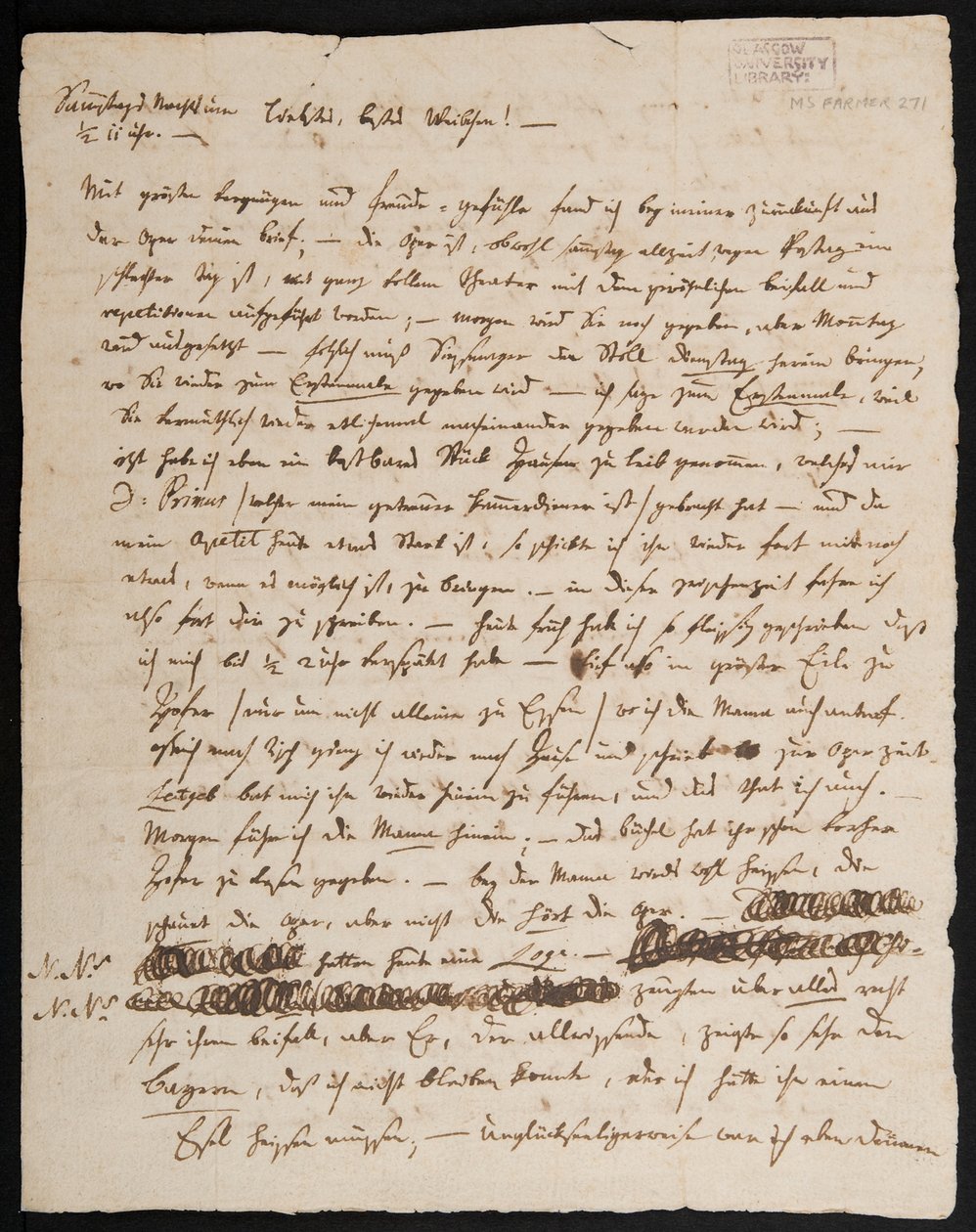 MS Farmer 2715 W.A. Mozartin kirje vaimolleen Konstanzelle, 1791 (muste paperille), sivu 1 tekijältä Wolfgang Amadeus Mozart