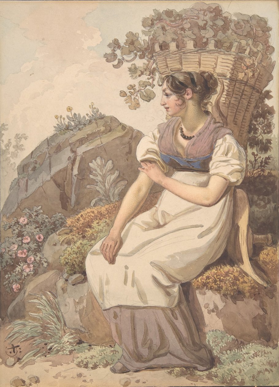 Nuori nainen Vaudoisissa rypäleenkorjuun jälkeen, 1821. tekijältä Wolfgang Adam Töpffer