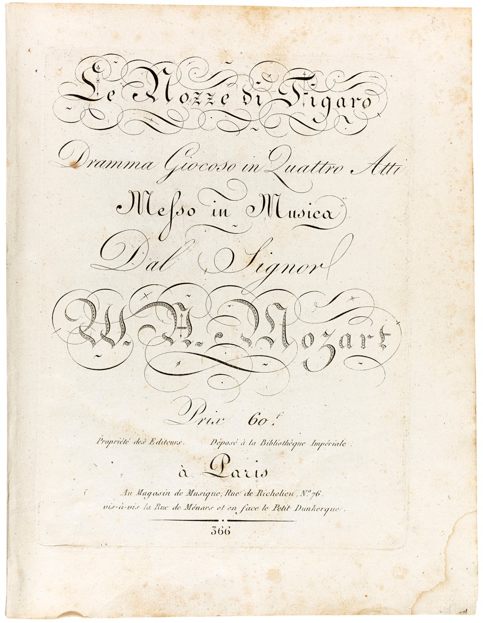 Kansi partituurista Figaron häät leikkisä draama neljässä näytöksessä, vuosina 1806-1810. tekijältä Wolfgang Amadeus Mozart
