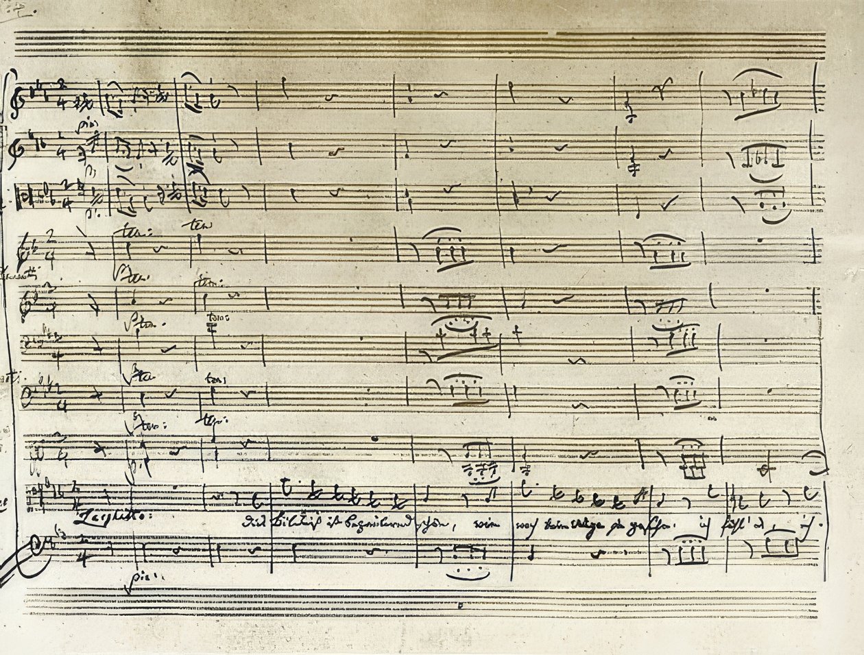 Käsinkirjoitettu Taminon muotokuva-aarian alusta Taikahuilusta. Huomautuksen transkriptio. 1791 tekijältä Wolfgang Amadeus Mozart