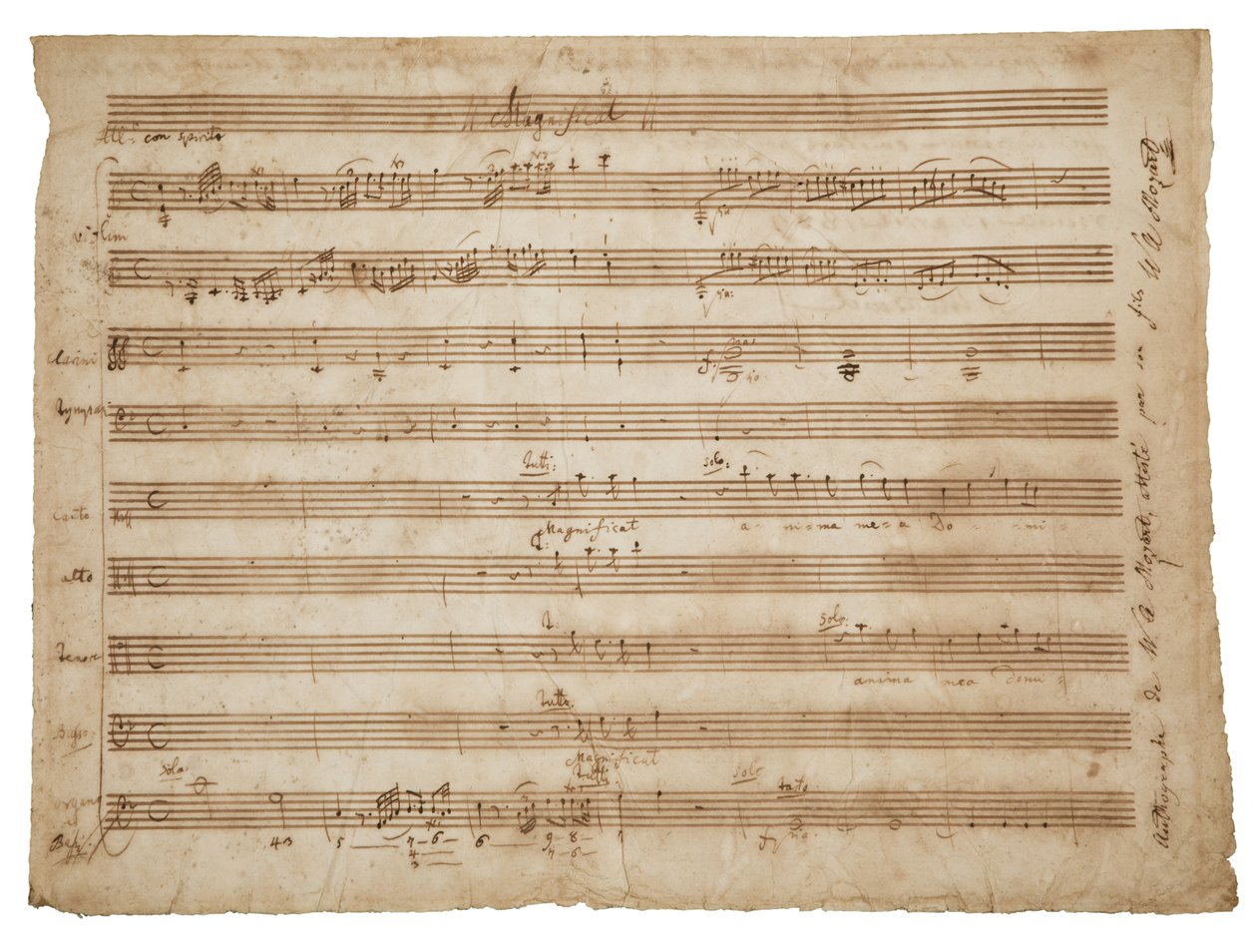 Magnificat, K. 321a. Käsikirjoitus, partituuri solisteille ja kuorolle, urkuille ja orkesterille, n.1779 tekijältä Wolfgang Amadeus Mozart