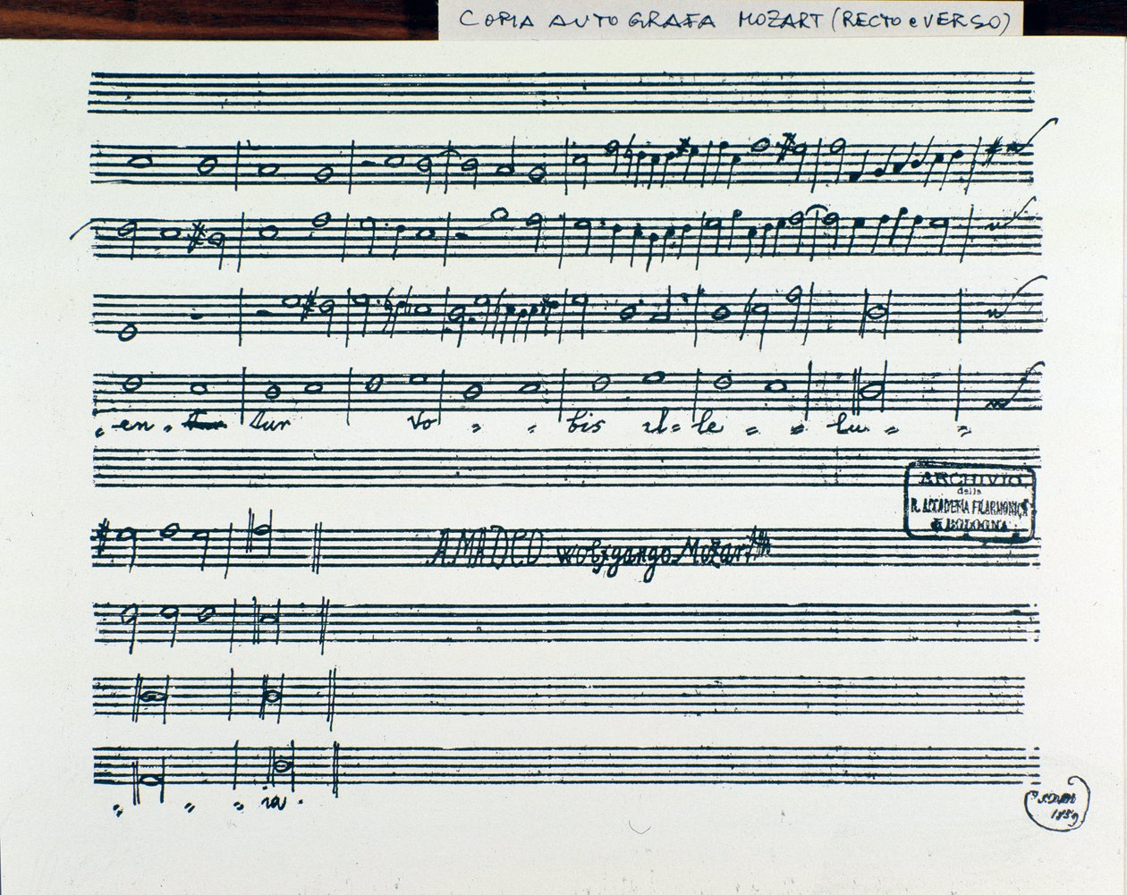 Nuottisivu Mozartin Querite primum regnum deille Accademia Filarmonicon tittelin saamiseksi, isä Martinin (1770) korjaama versio tekijältä Wolfgang Amadeus Mozart