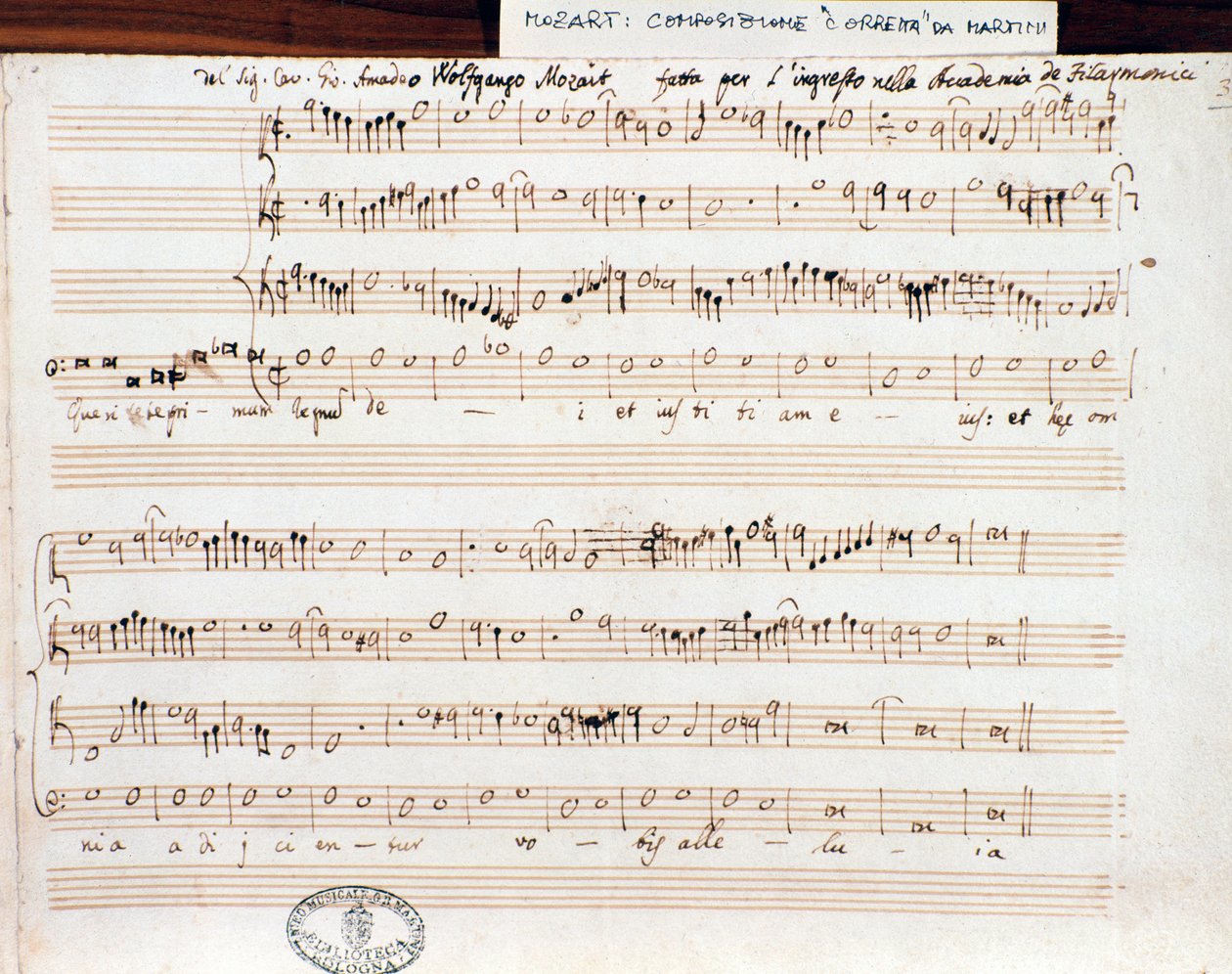 Mozartin Querite primum regnum Dein nuottisivu Accademico filarmonicon (1770) tittelin saamiseksi tekijältä Wolfgang Amadeus Mozart