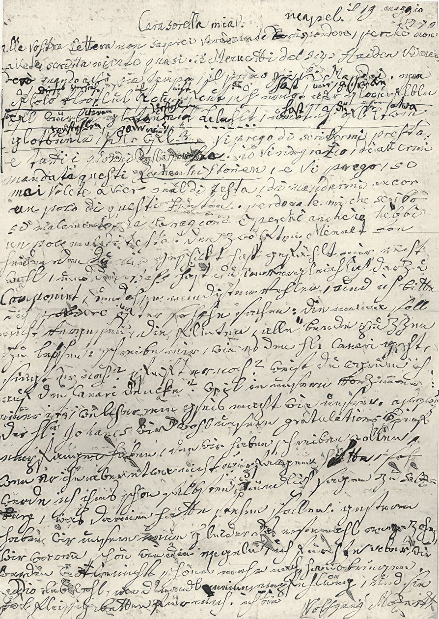 Wolfgang Amadeus Mozart (1756-1791) itävaltalainen säveltäjä. Käsinkirjoitettu kirje sisarelleen Nannerlille. Napoli 19. maaliskuuta 1770 tekijältä Wolfgang Amadeus Mozart