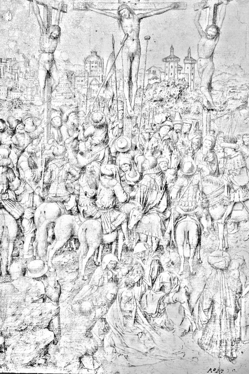 Kristuksen ristiinnaulitseminen piirustus n. 1440 tekijältä Workshop of Jan van Eyck