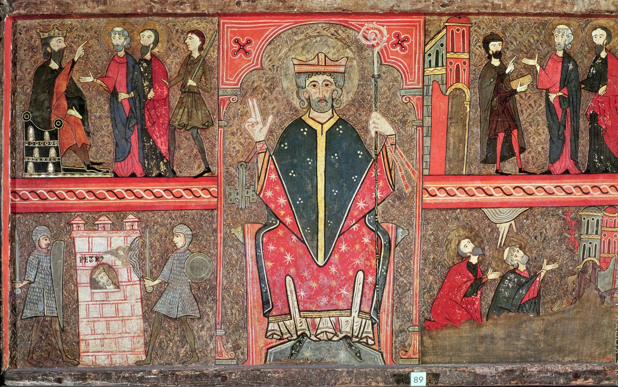 Altar Frontal, joka esittää Pyhän Pietarin istumassa crozierin kanssa ja neljä kohtausta hänen elämästään, 1150-1200 (tempera paneelissa) tekijältä Workshop of Lleida