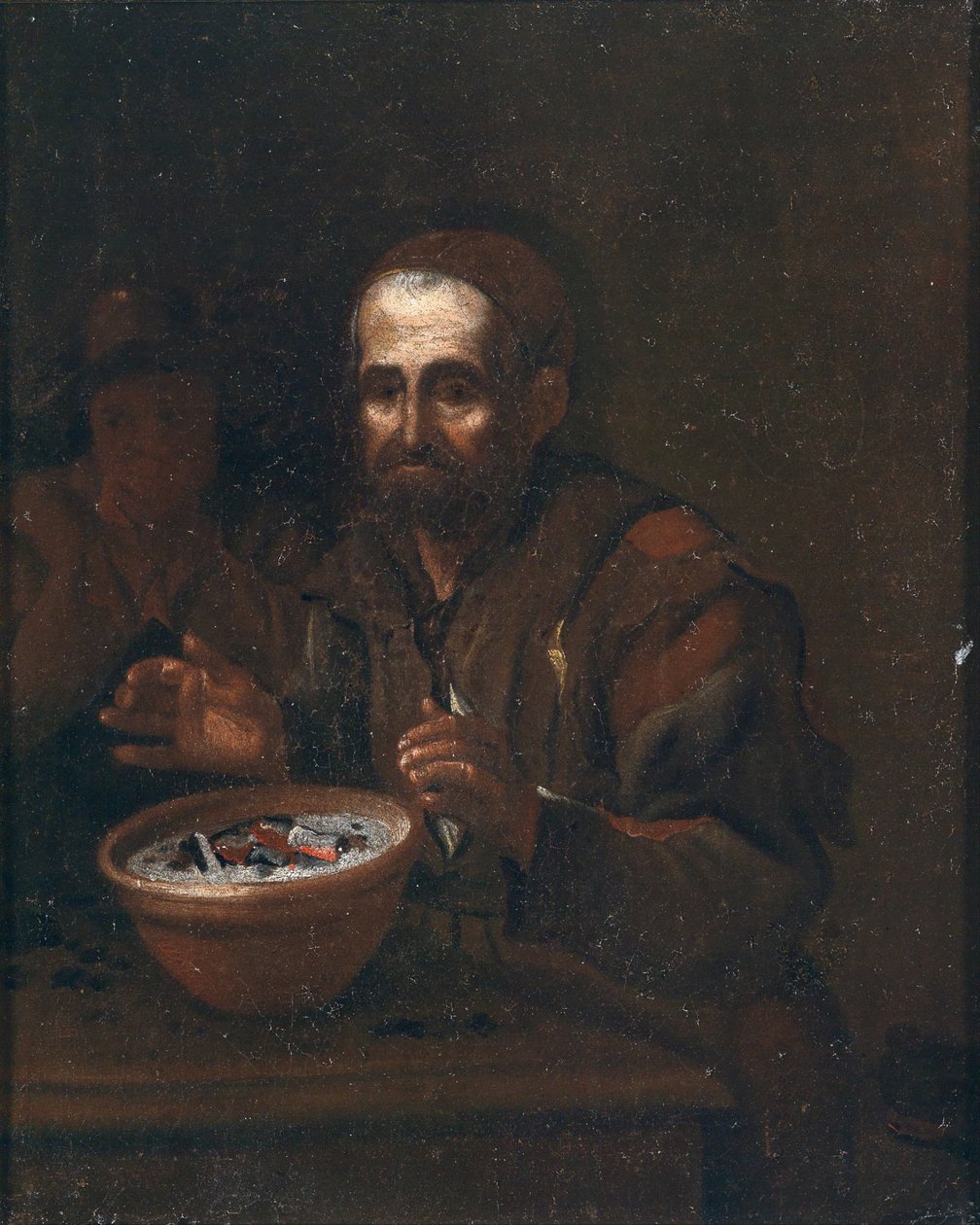 Ein alter sich and einem Kohlefeuer wärmender Mann tekijältä Workshop of Michiel Sweerts