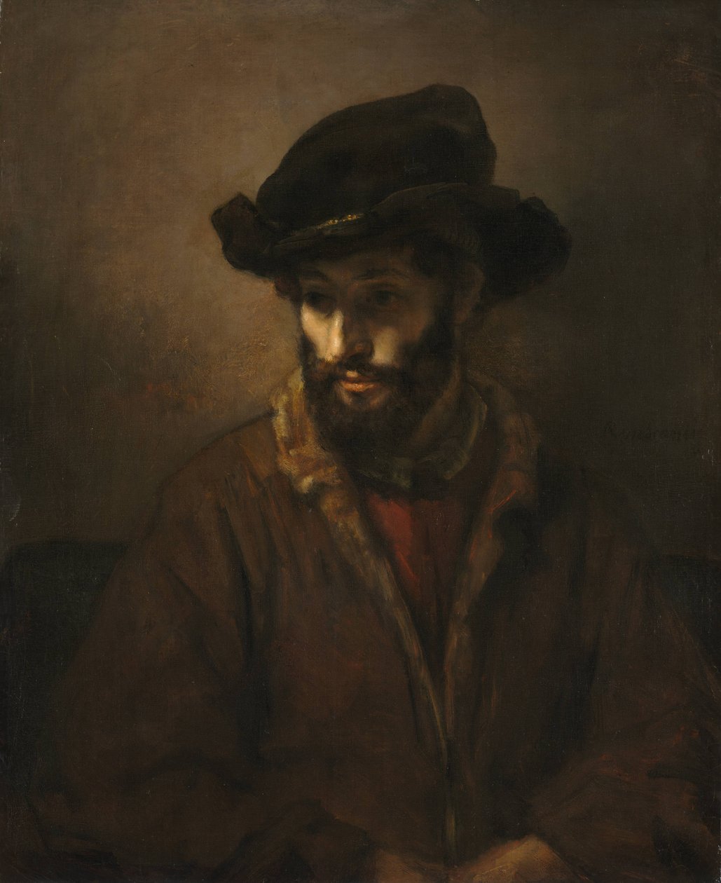 Parrakas mies yllään hattu tekijältä Workshop of Rembrandt