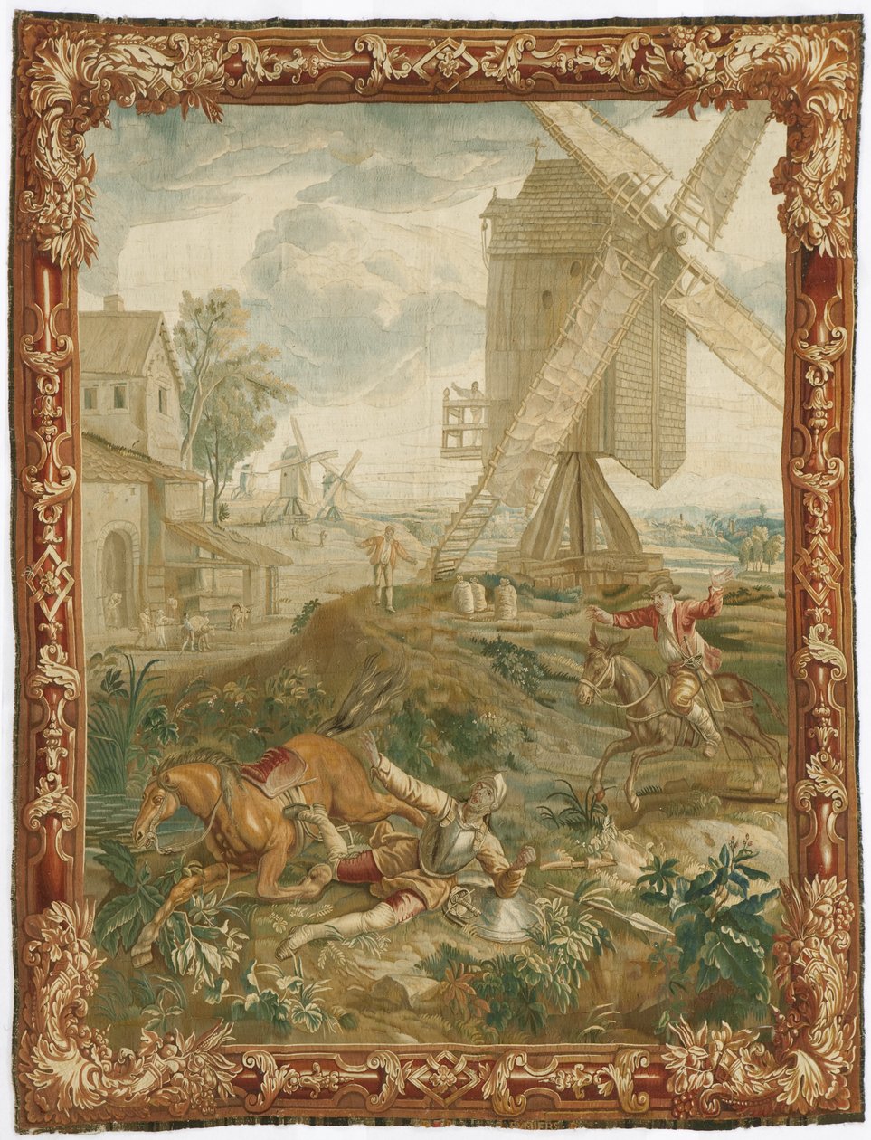 Don Quijote taistelee tuulimyllyä vastaan (villa ja silkki) tekijältä Workshop of Urbanus Leyniers and Daniel Leyniers II 1669–1728 Workshop of Urbanus Leyniers and Daniel Leyniers II 1669–1728