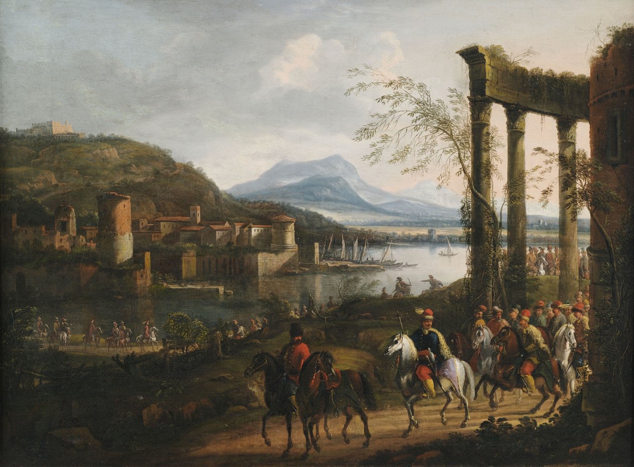 Weite italienisierende Flusslandschaft mit Ruinen, Hafenanlage und großem Reiterzug tekijältä Willem van Bemmel