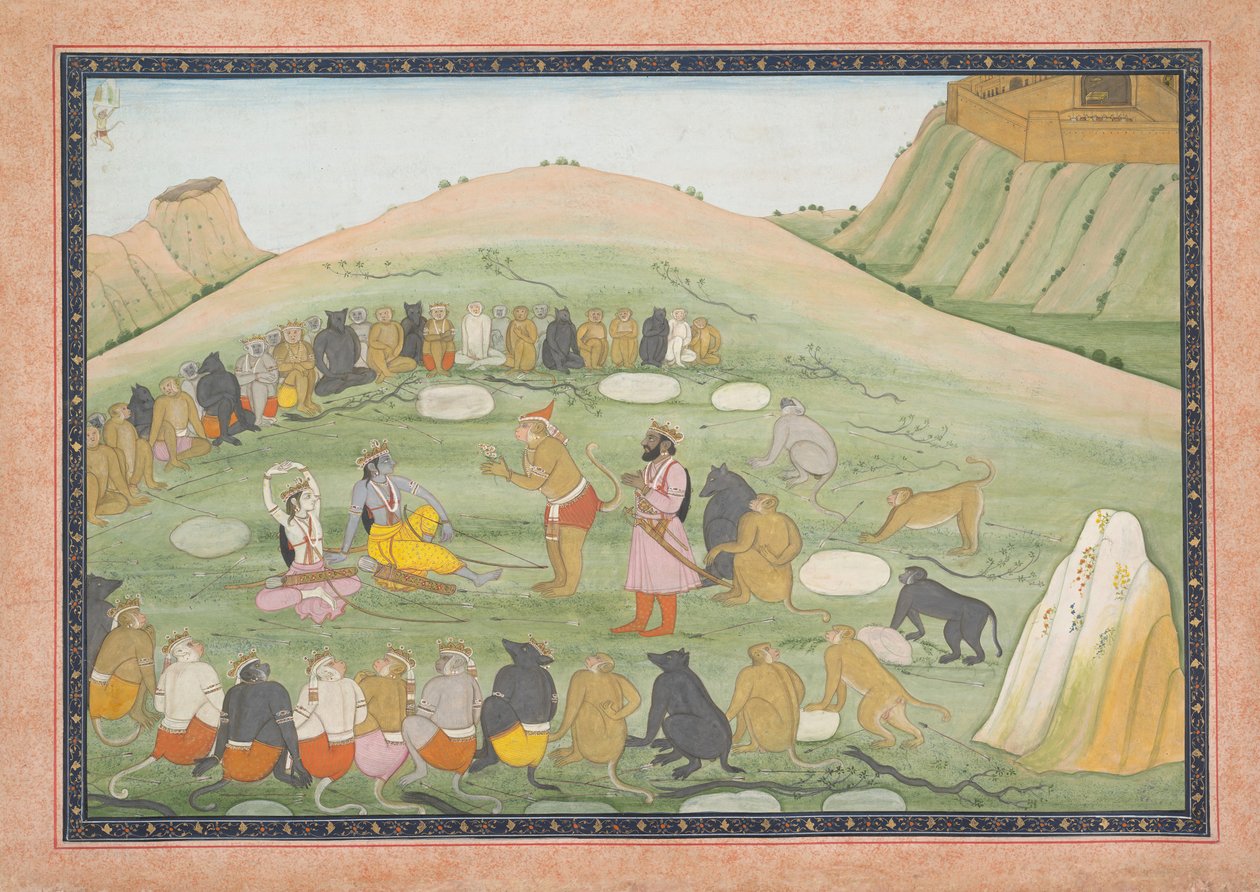 Hanuman elvyttää Raman ja Lakshmanan lääkeyrteillä: Kuvitettu folio..., n. 1790. tekijältä Workshop active in the First generation