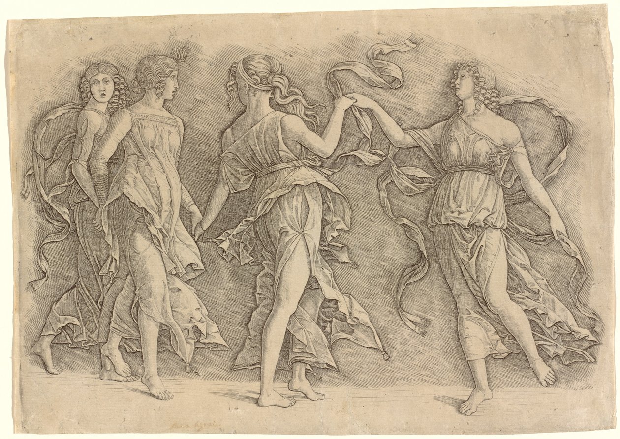 Neljä tanssivaa muusaa tekijältä Workshop of Andrea Mantegna