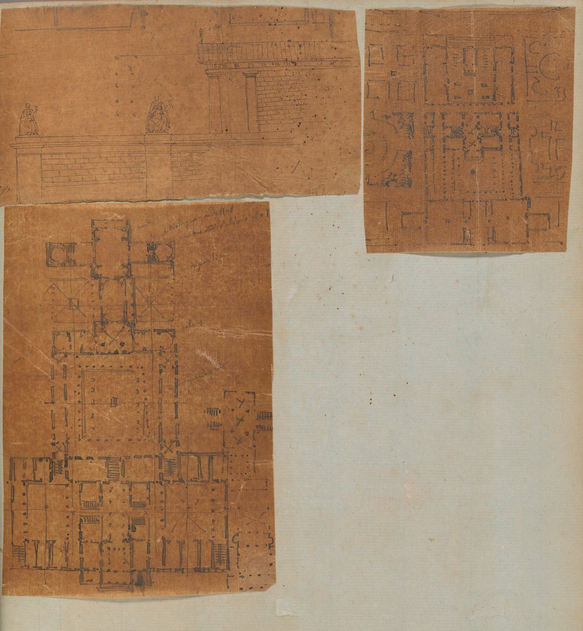 Sivu leikekirjasta, joka sisältää piirustuksia ja useita arkkitehtuurivedoksia, Int..., ca. 1800-1850. Tekijät: Charles Percierin työpaja, Pierre François Léonard Fontainen työpaja. tekijältä Workshop of Charles Percier, Workshop of Pierre