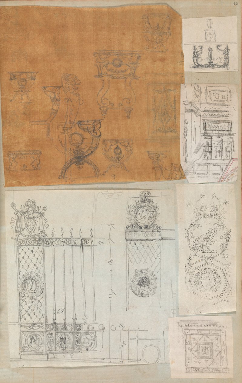 Sivu leikekirjasta, joka sisältää piirustuksia ja useita arkkitehtuurivedoksia, Int..., ca. 1800-1850. Tekijät: Charles Percierin työpaja, Pierre François Léonard Fontainen työpaja. tekijältä Workshop of Charles Percier, Workshop of Pierre