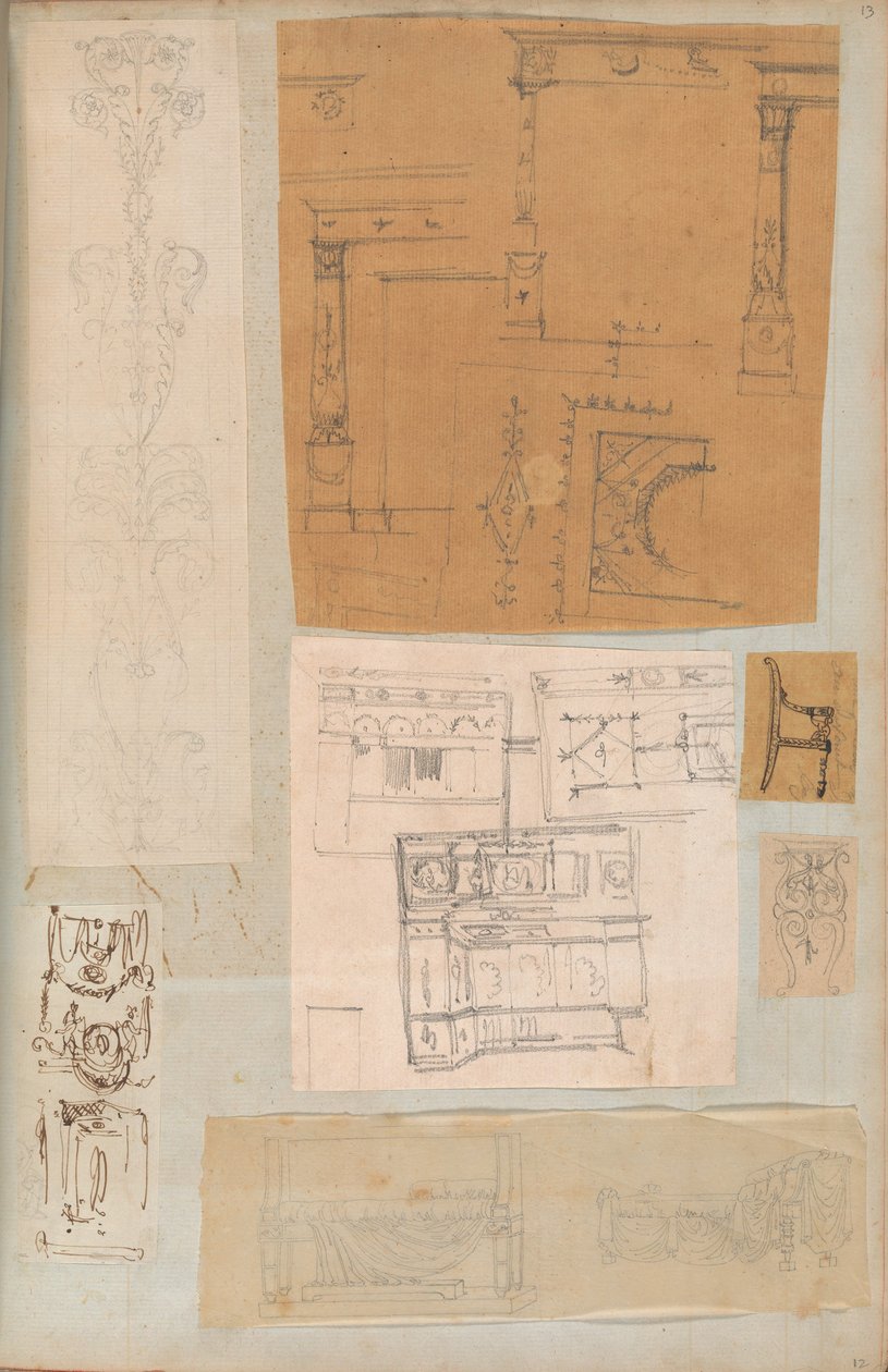 Sivu leikekirjasta, joka sisältää piirustuksia ja useita arkkitehtuurivedoksia, Int..., ca. 1800-1850. Tekijät: Charles Percierin työpaja, Pierre François Léonard Fontainen työpaja. tekijältä Workshop of Charles Percier, Workshop of Pierre