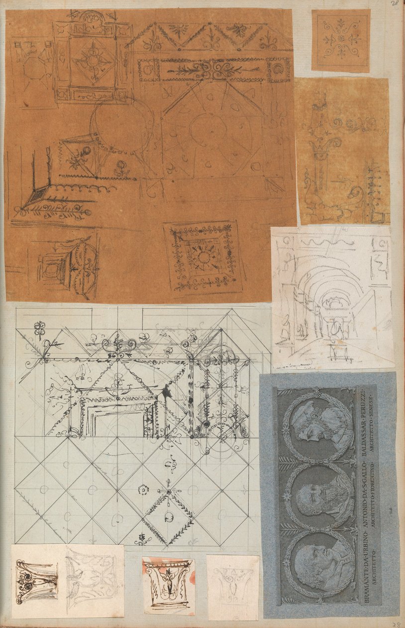 Sivu leikekirjasta, joka sisältää piirustuksia ja useita arkkitehtuurivedoksia, Int..., ca. 1800-1850. Tekijät: Charles Percierin työpaja, Pierre François Léonard Fontainen työpaja. tekijältä Workshop of Charles Percier, Workshop of Pierre