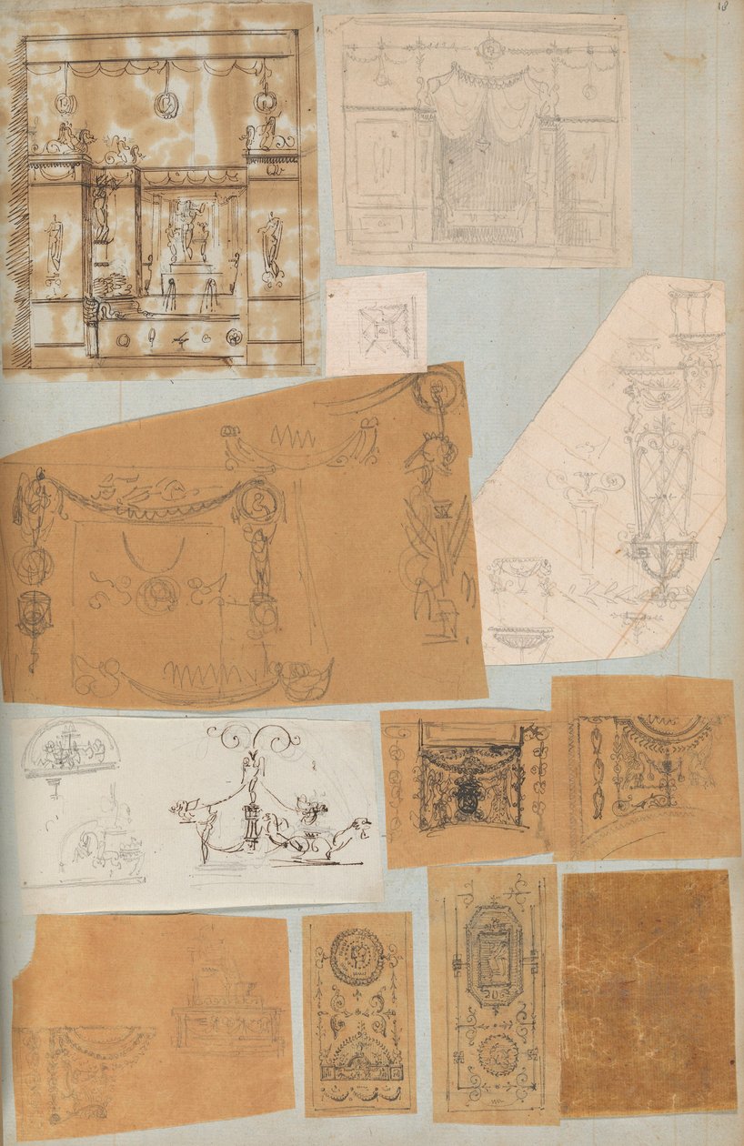 Sivu leikekirjasta, joka sisältää piirustuksia ja useita arkkitehtuurivedoksia, Int..., ca. 1800-1850. Tekijät: Charles Percierin työpaja, Pierre François Léonard Fontainen työpaja. tekijältä Workshop of Charles Percier, Workshop of Pierre