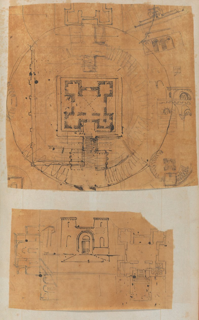 Sivu leikekirjasta, joka sisältää piirustuksia ja useita arkkitehtuurivedoksia, Int..., ca. 1800-1850. Tekijät: Charles Percierin työpaja, Pierre François Léonard Fontainen työpaja. tekijältä Workshop of Charles Percier, Workshop of Pierre