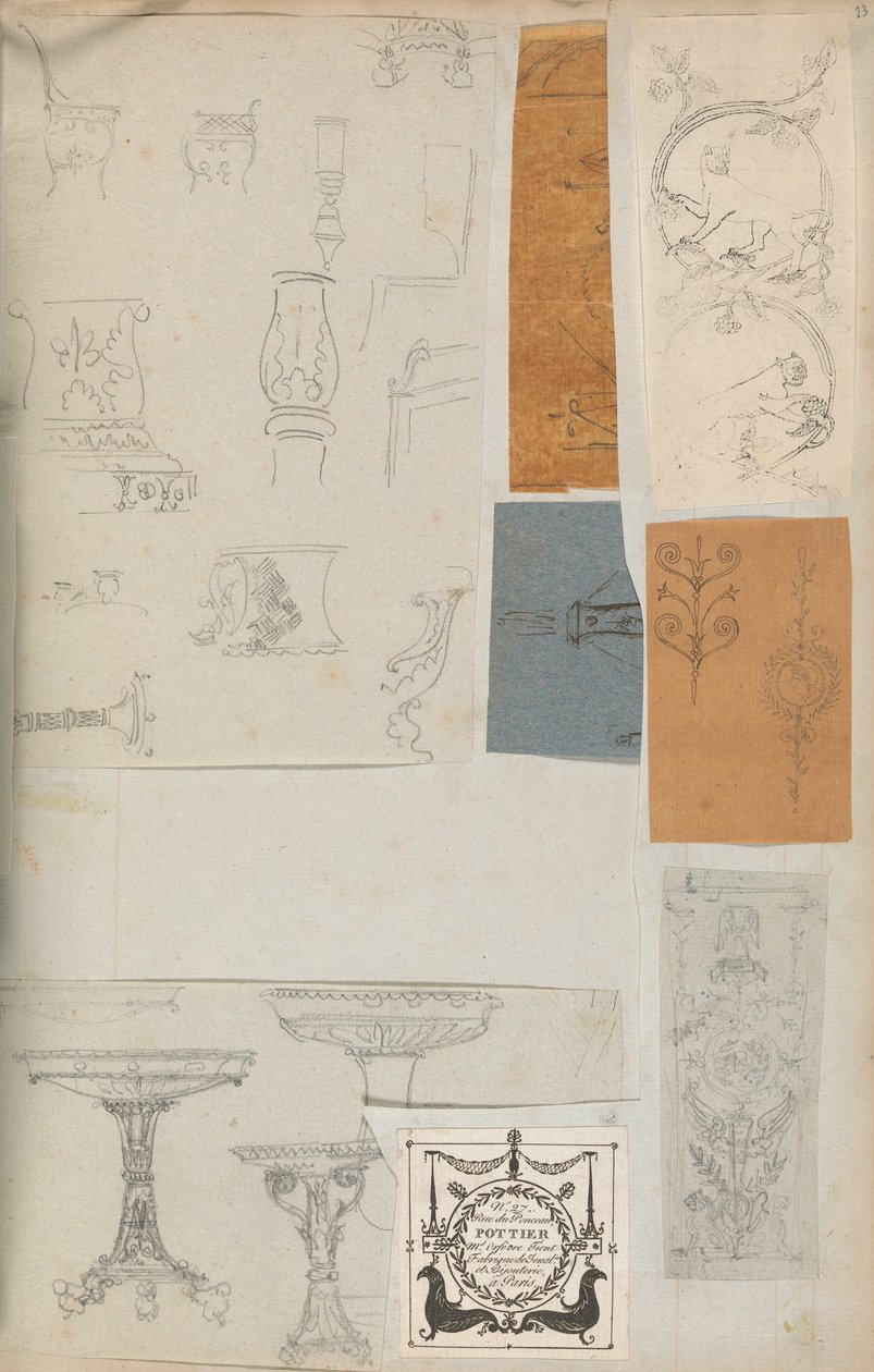 Sivu leikekirjasta, joka sisältää piirustuksia ja useita arkkitehtuurivedoksia, Int..., ca. 1800-1850. Tekijät: Charles Percierin työpaja, Pierre François Léonard Fontainen työpaja. tekijältä Workshop of Charles Percier, Workshop of Pierre