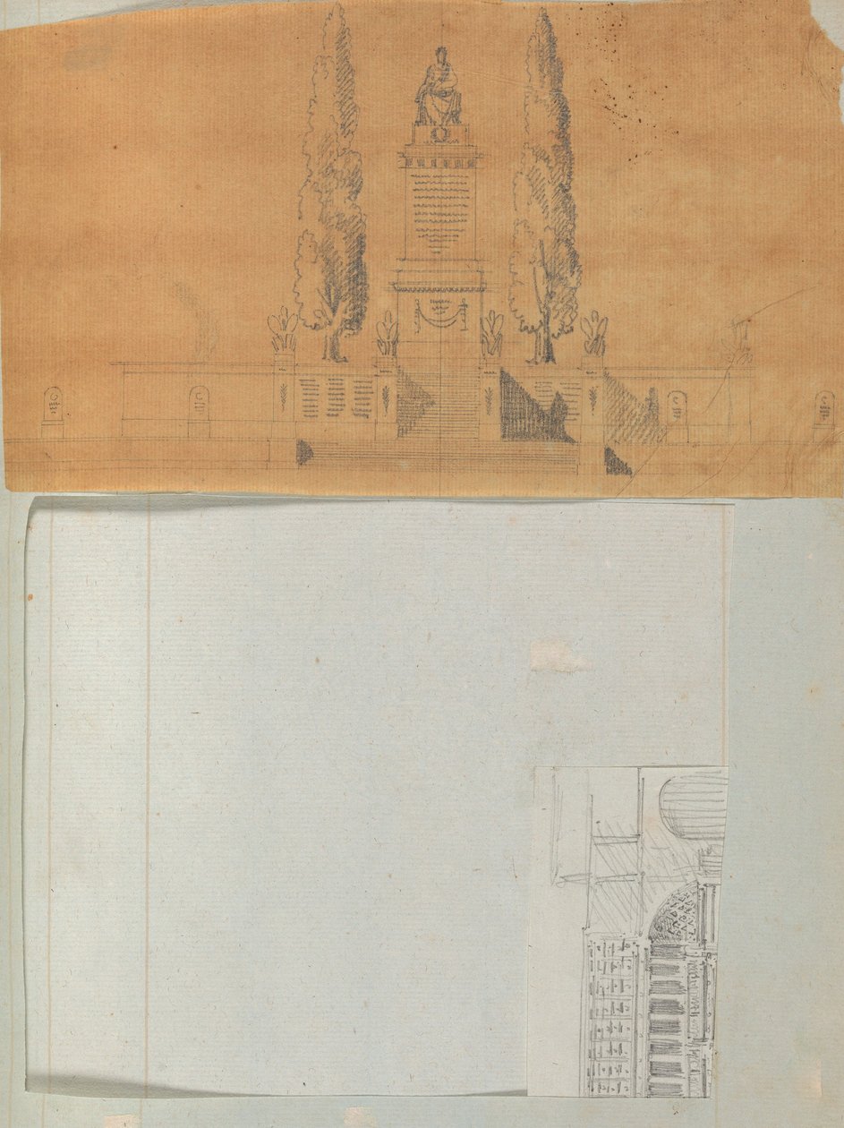 Sivu leikekirjasta, joka sisältää piirustuksia ja useita arkkitehtuurivedoksia, Int..., ca. 1800-1850. Tekijät: Charles Percierin työpaja, Pierre François Léonard Fontainen työpaja. tekijältä Workshop of Charles Percier, Workshop of Pierre