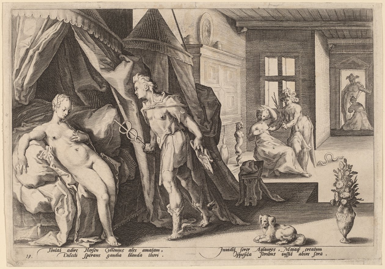 Mercury astuu Hersen huoneeseen muutettuaan Agrauloksen kiviksi tekijältä Workshop of Hendrick Goltizus, after Hendrick Goltzius