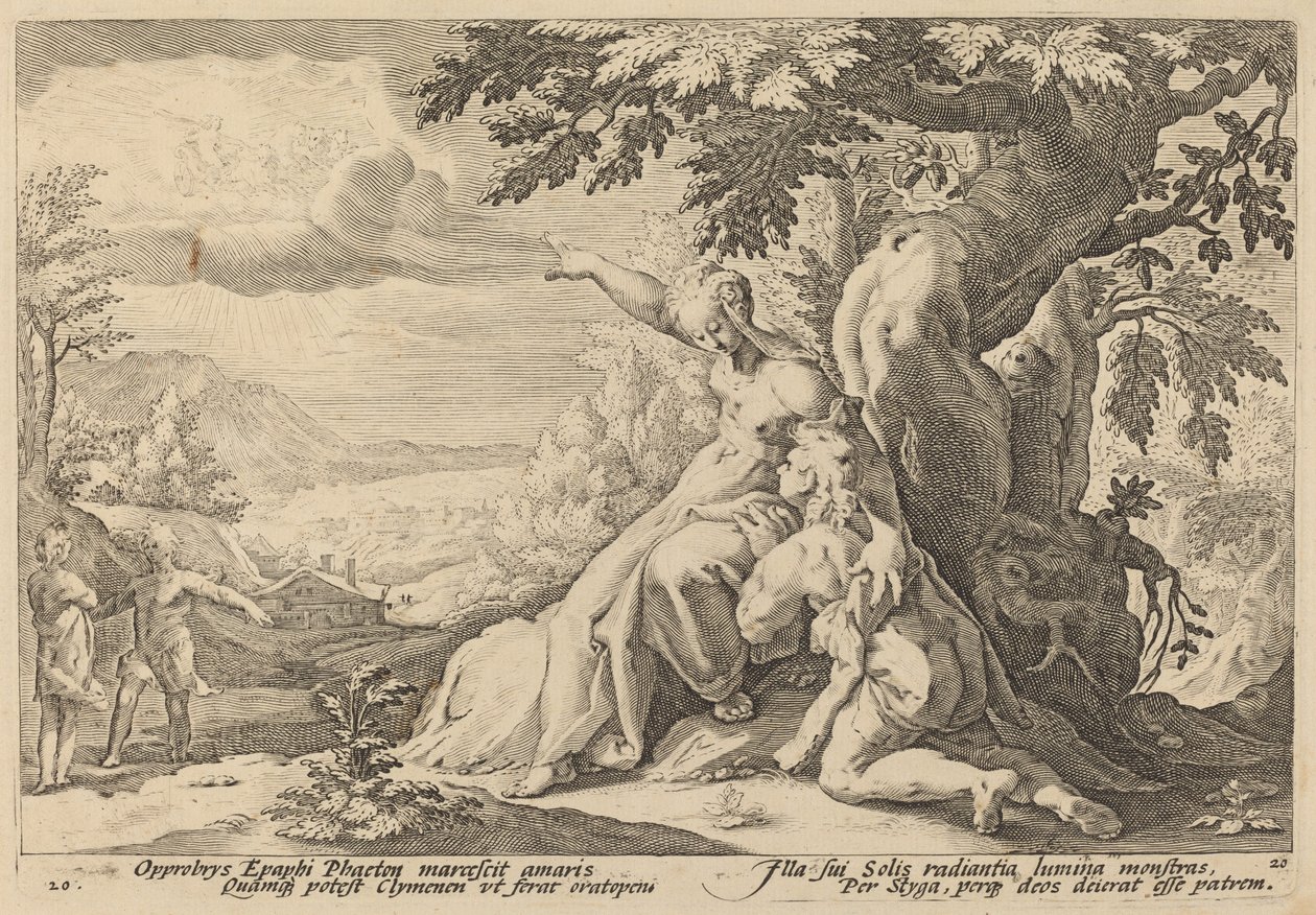 Clymene demanant a Phaeton a trobar Heliosfinnish tekijältä Workshop of Hendrick Goltzius, after Hendrick Goltzius
