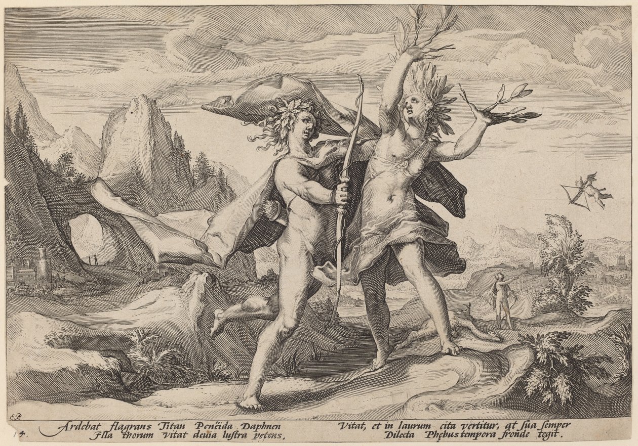 Daphne muuttui laakeripuuksi tekijältä Workshop of Hendrick Goltzius, after Hendrick Goltzius