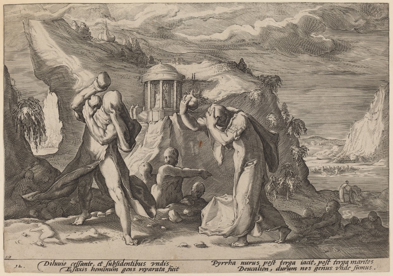 Deucalion ja Pyrrha kansoivat maata tekijältä Workshop of Hendrick Goltzius, after Hendrick Goltzius