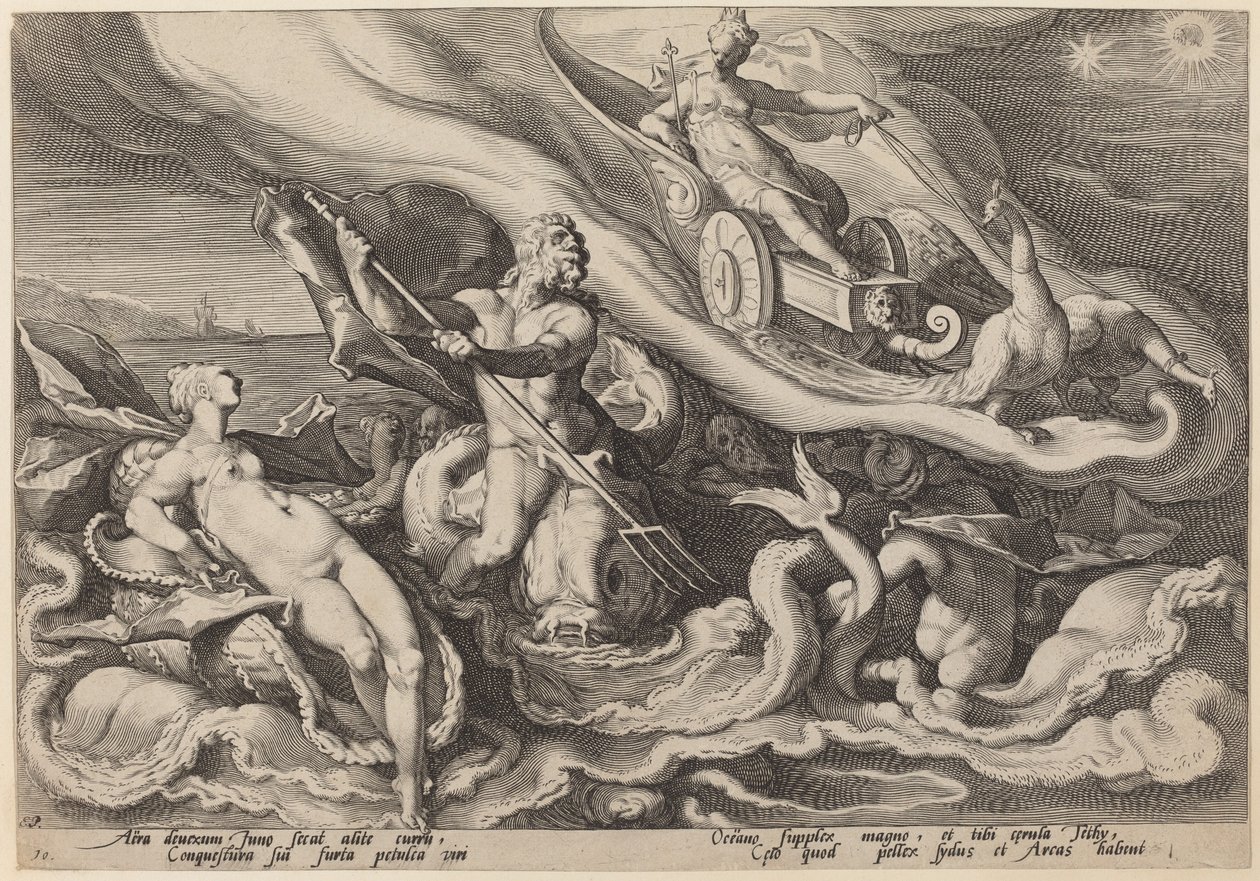 Juno valittaa Oceanukselle ja Tethysille Callistosta tekijältä Workshop of Hendrick Goltzius, after Hendrick Goltzius