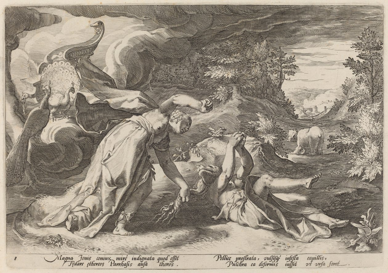 Juno muuttaa Calliston karhuksi tekijältä Workshop of Hendrick Goltzius, after Hendrick Goltzius
