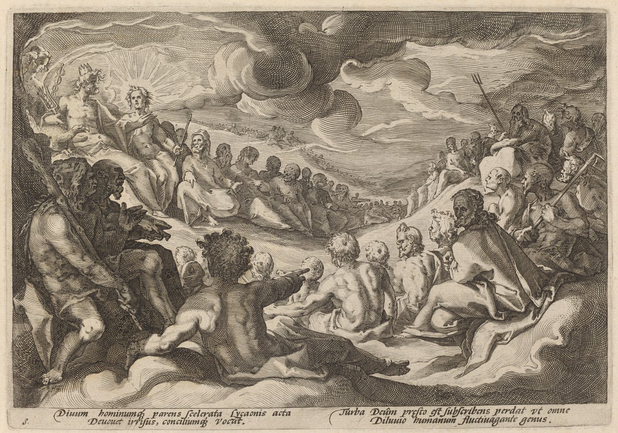 Jupiter ottaa neuvoja jumalilta maailmankaikkeuden tuhoamisesta tekijältä Workshop of Hendrick Goltzius, after Hendrick Goltzius