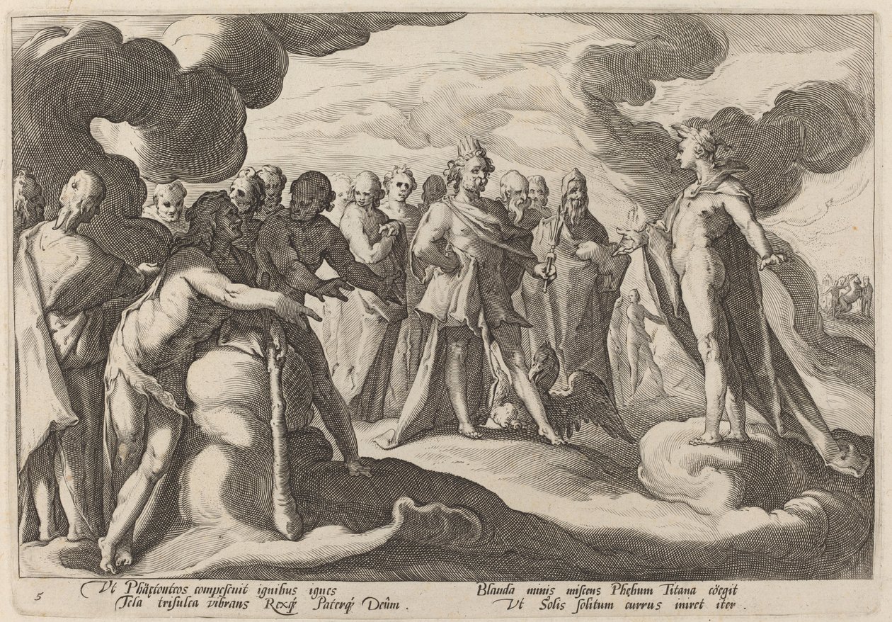 Jupiter ja jumalat pyytävät Heliosta jatkamaan vaunujen hallintaa tekijältä Workshop of Hendrick Goltzius, after Hendrick Goltzius