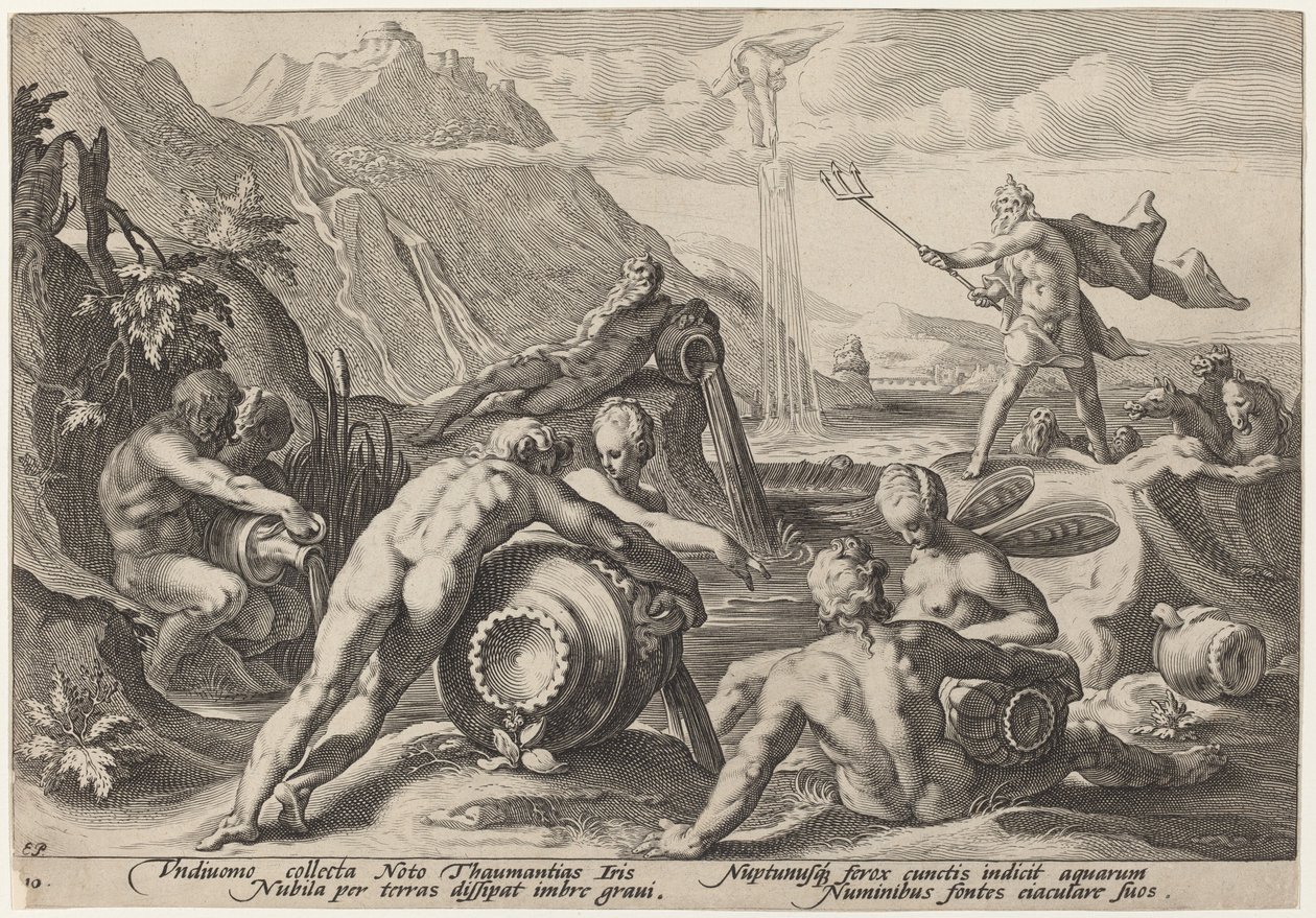 Neptunus piirtää ihmisen tuhoa tekijältä Workshop of Hendrick Goltzius, after Hendrick Goltzius